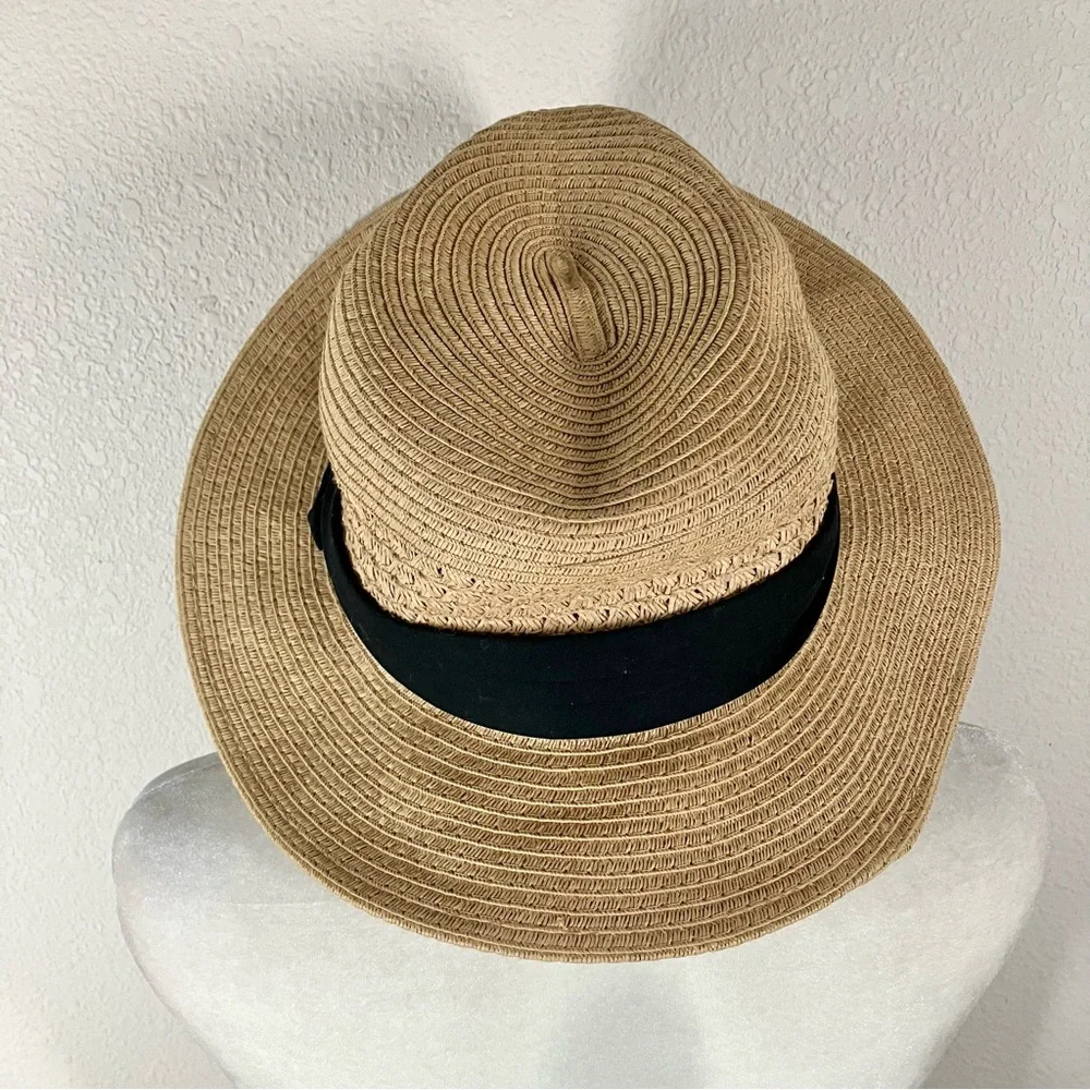 SCALA Faux Straw Sun Hat Size L/XL Black Band Beach Boho Cottagecore Resort